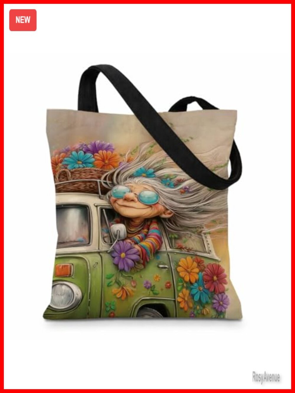 Funny Grandma Trip Canvas Tote Bag Hippie Van Flower Power Reusable Grocery Bag